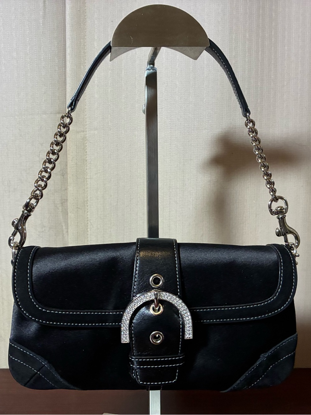 Coach Black Satin Shoulder Bag with Crystal Buckle